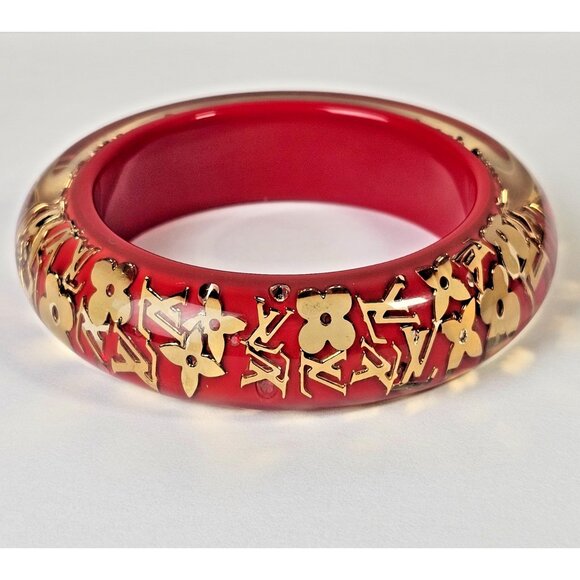 LOUIS VUITTON Red Monogram Inclusion Bracelet GM Charm Bangle Gold LV Logo Charm - Picture 2 of 14